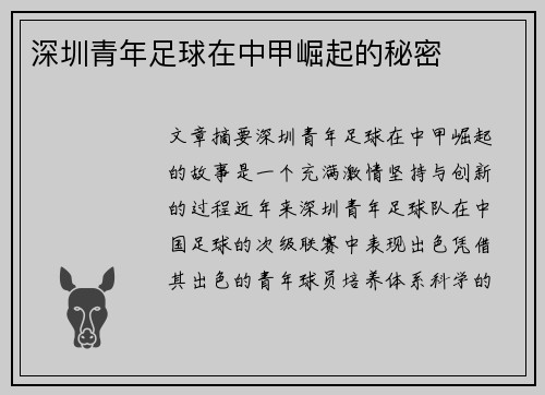 深圳青年足球在中甲崛起的秘密